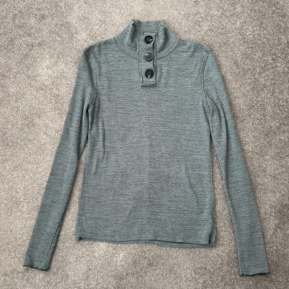 We The Free Sweater Womens Small Green Waffle Knit Henley Button Mock Neck - Picture 1 of 7